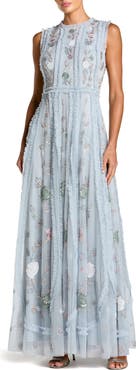 Mac Duggal Floral Mesh Sleeveless A Line Micro Ruffle Gown