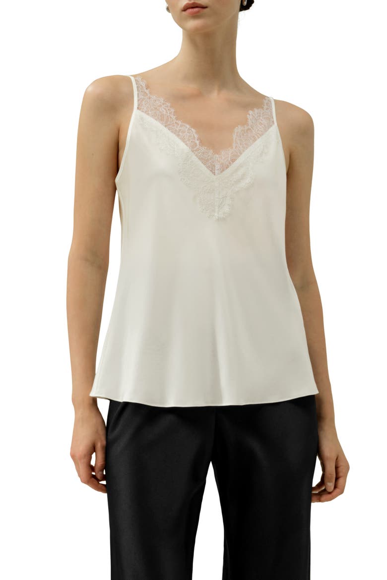 Women's Bias Cut Lace-Trimmed Silk Camisole, Main, color, Ivory