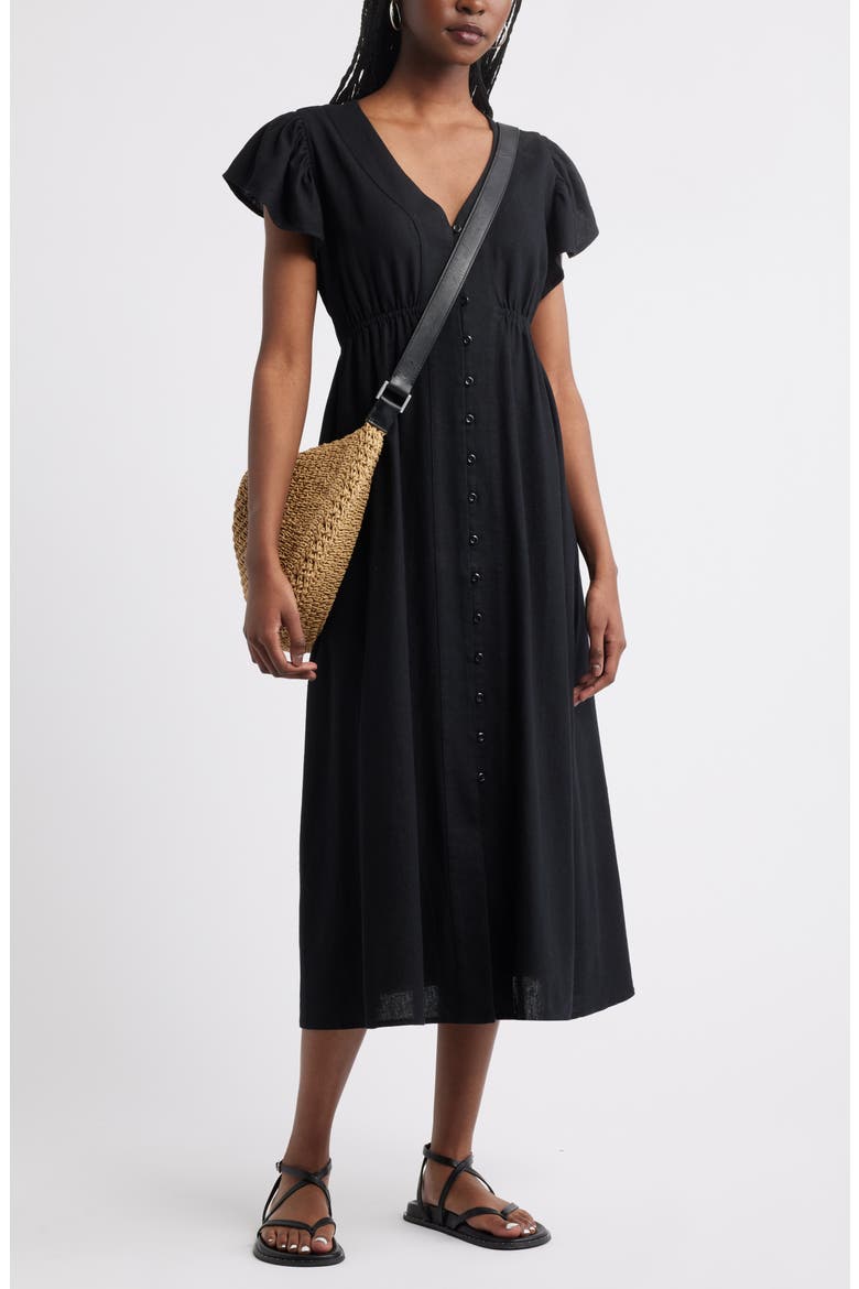 Short Sleeve Button Down Linen Blend Midi Dress, Alternate, color, BLACK