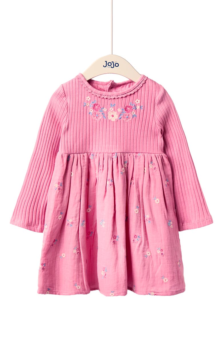 JOJO MAMAN BEBE Kids' Floral Embroidered Long Sleeve Cotton Dress, Main, color, Pink