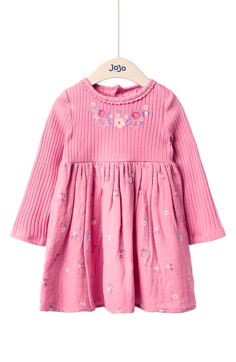 Kids' Floral Embroidered Long Sleeve Cotton Dress (Toddler & Little Kid)