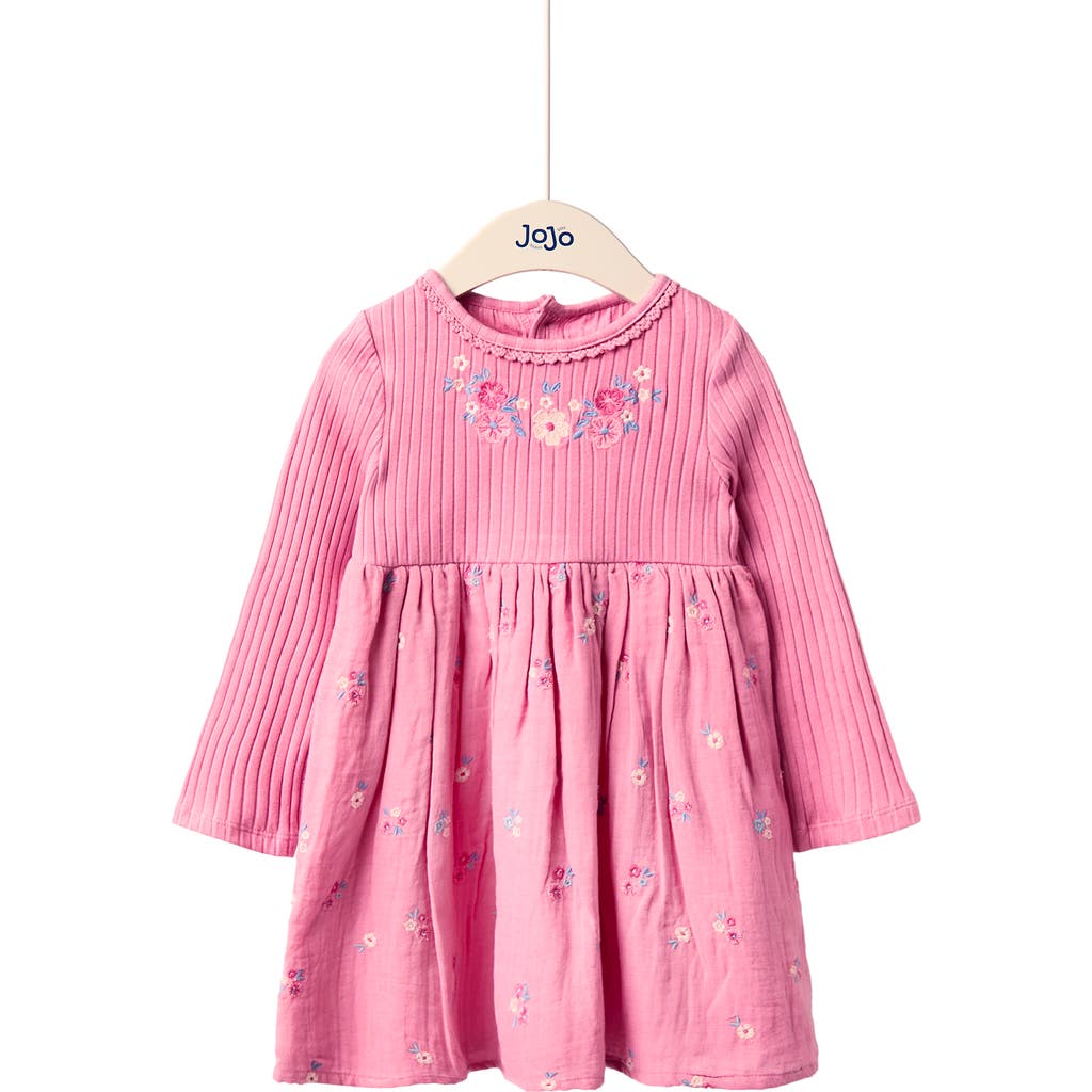 Jojo Maman Bébé Jojo Maman Bebe Kids' Floral Embroidered Long Sleeve Cotton Dress In Pink
