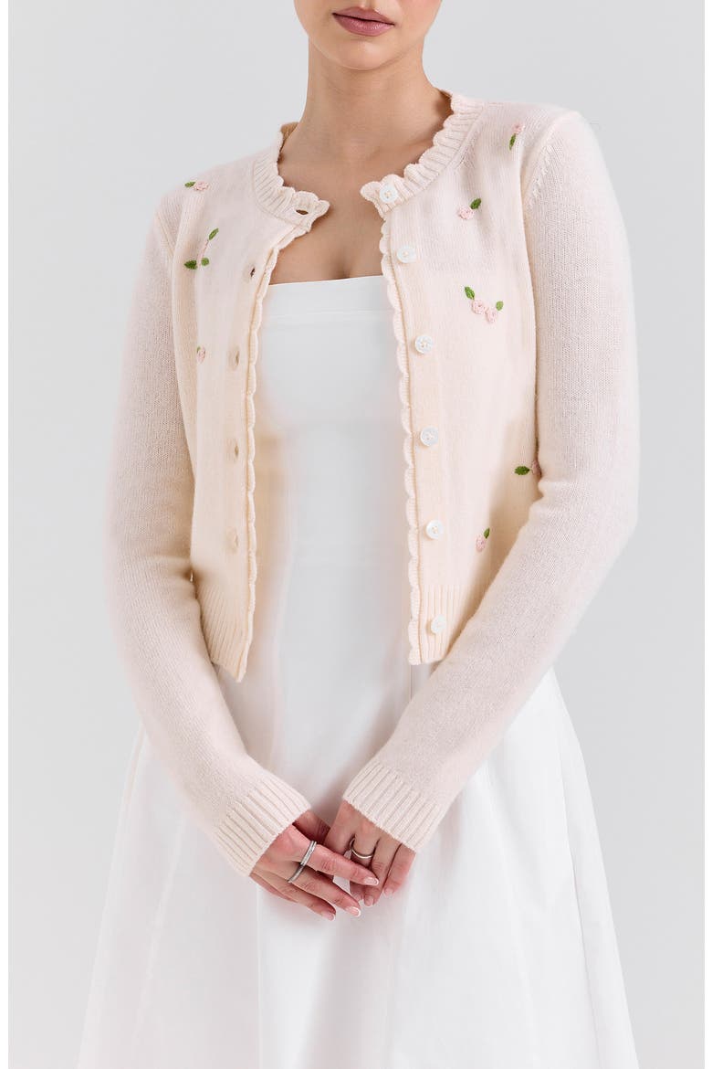 Anjou Floral Embroidered Ruffle Wool Cardigan, Main, color, CREAM AND ROSE EMBROIDERED