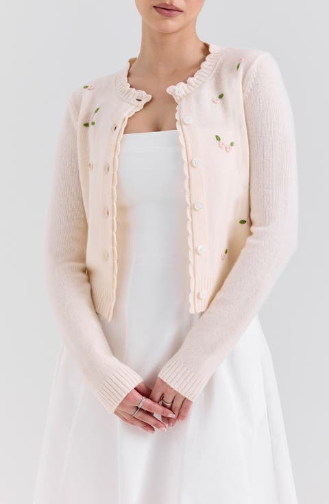 Anjou Floral Embroidered Ruffle Wool Cardigan
