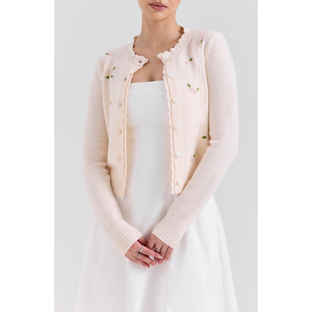 House Of Cb Anjou Floral Embroidered Ruffle Wool Cardigan In Cream And Rose Embroidered