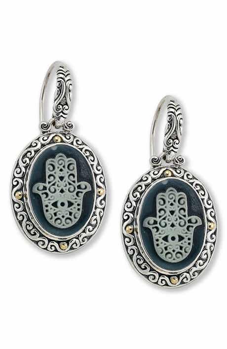 SAMUEL B. Two-Tone Hamsa Agate Drop Earrings