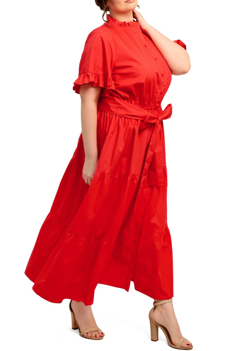 FLYING TOMATO Solid Ruffle Short Sleeve Tiered Cotton Dress, Alternate, color, Orange Red