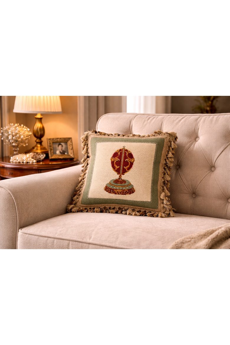 Red Faberge Egg Vintage Needlepoint Accent Throw Pillow 17" x 17", Alternate, color, Off-White