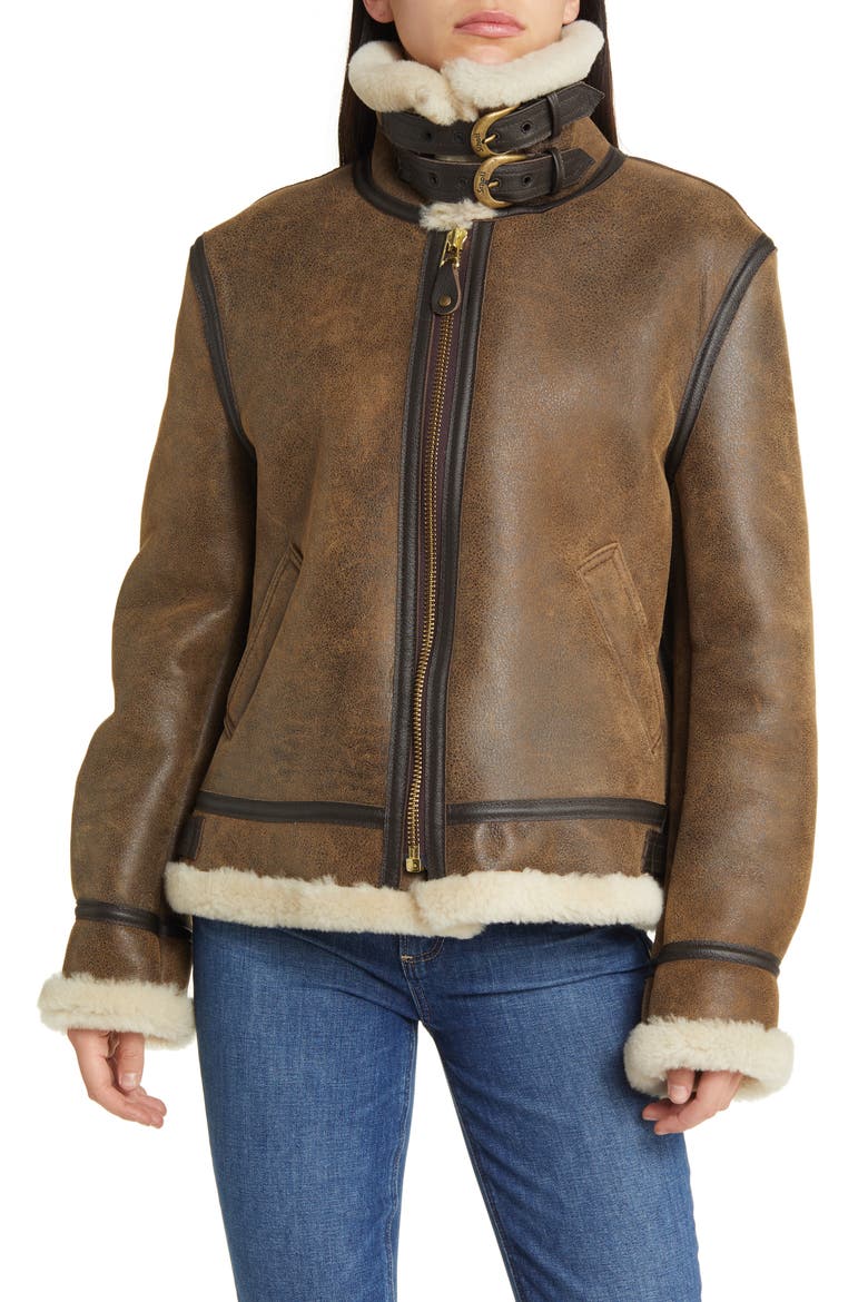 Genuine Shearling & Leather Bomber Jacket, Main, color, BROWN