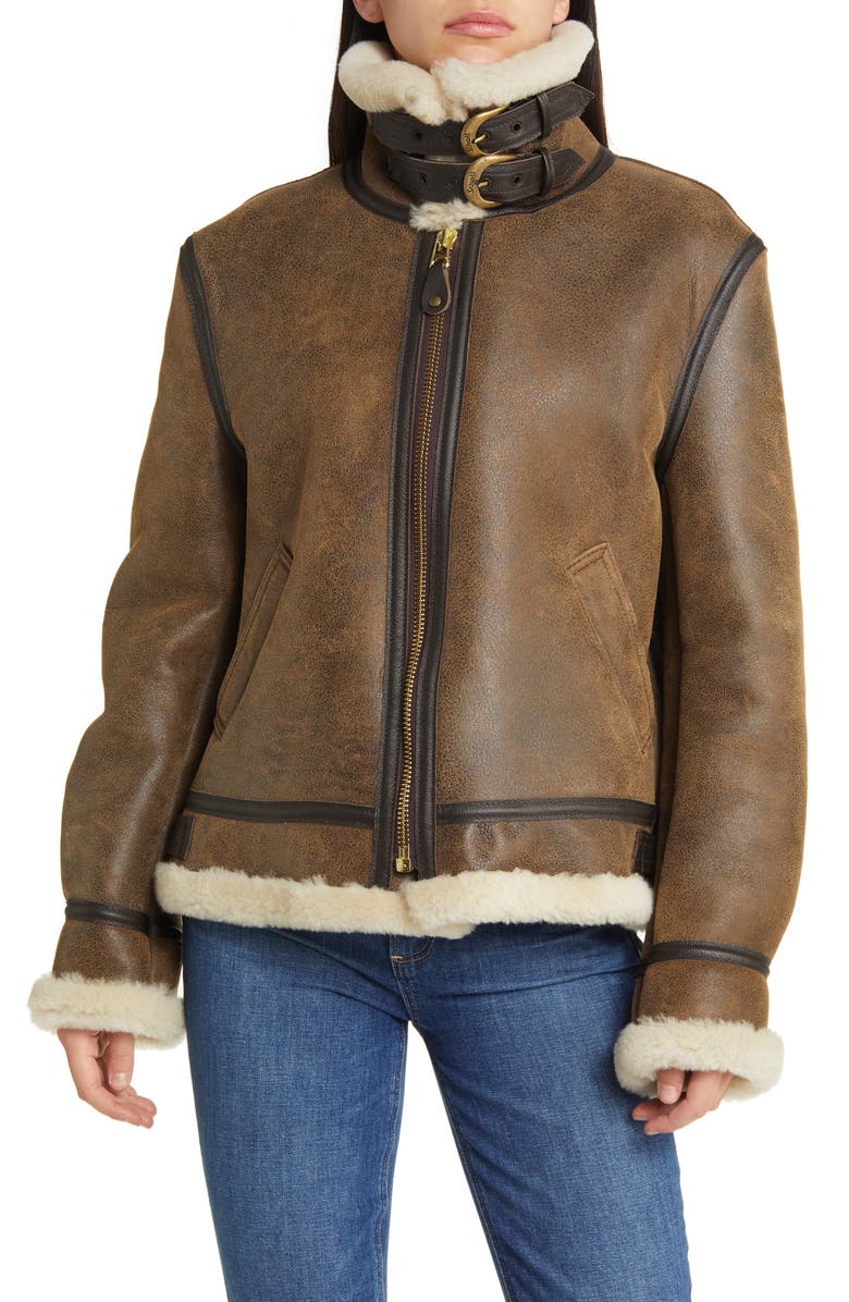 Schott NYC Genuine Shearling & Leather Bomber Jacket, Main, color, Brown