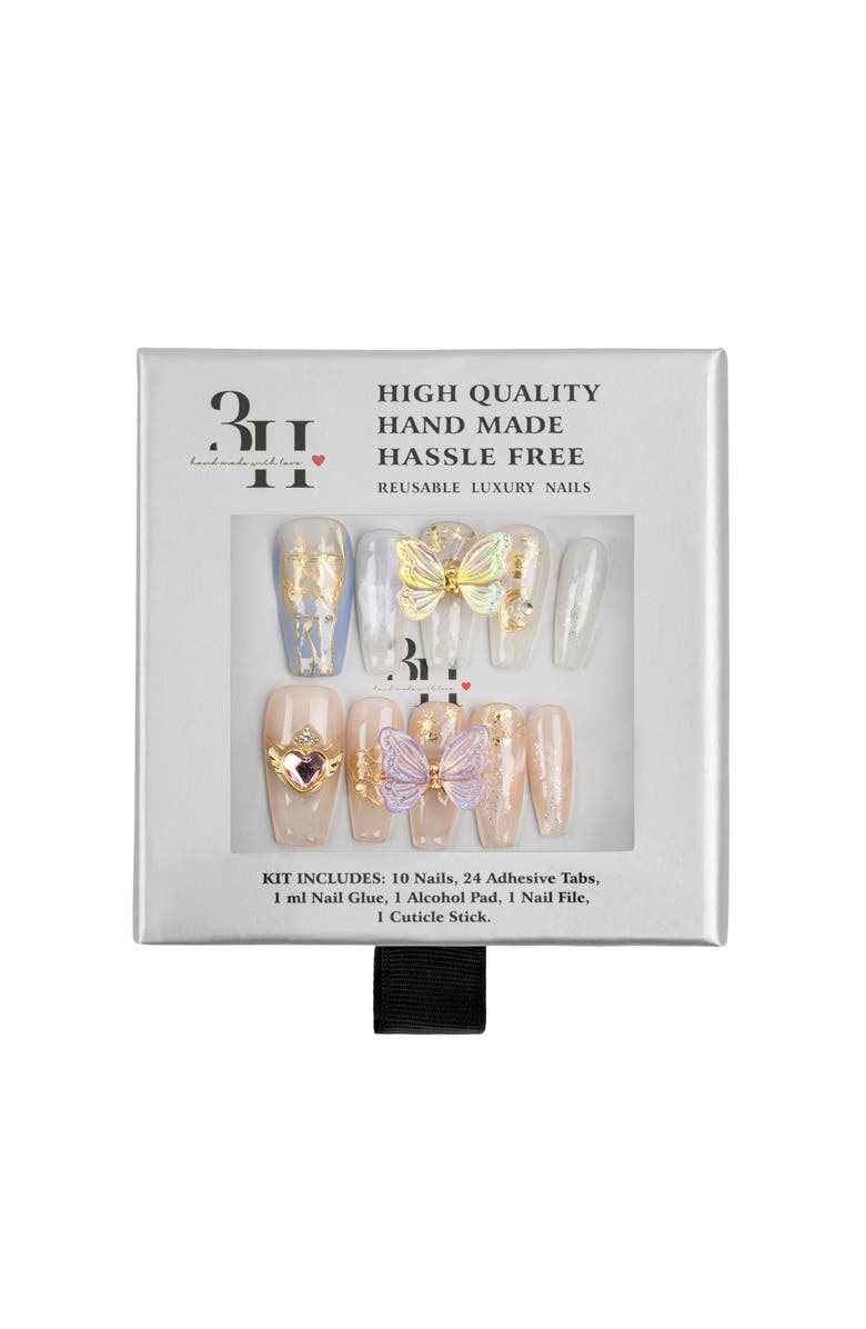 3H Nails Butterfly Charm Luxury Handmade Press On Nails, Alternate, color, Natural, Blue