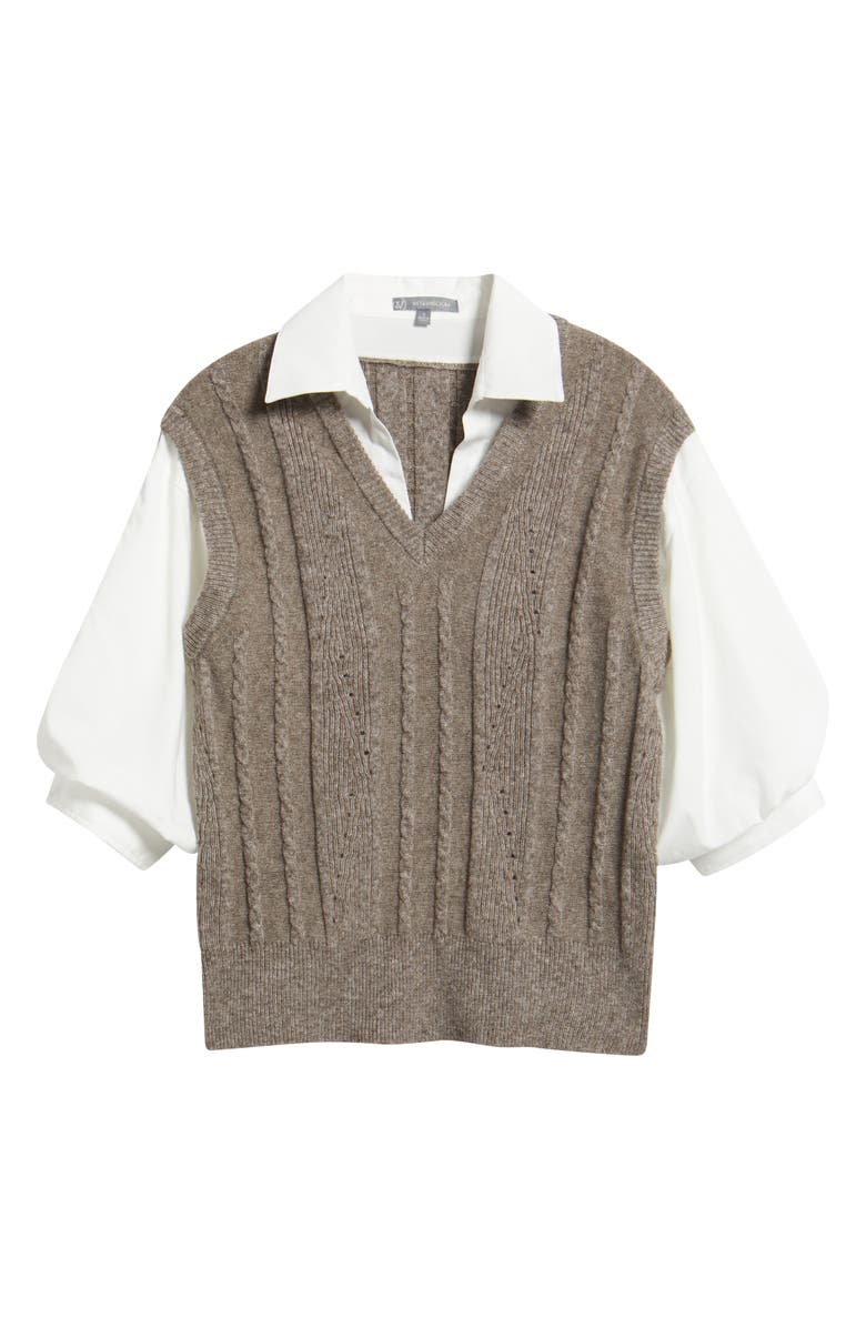Wit & Wisdom Mixed Media Elbow Sleeve Shirt & Sweater Vest, Alternate, color, Heather Mocha/ Off White
