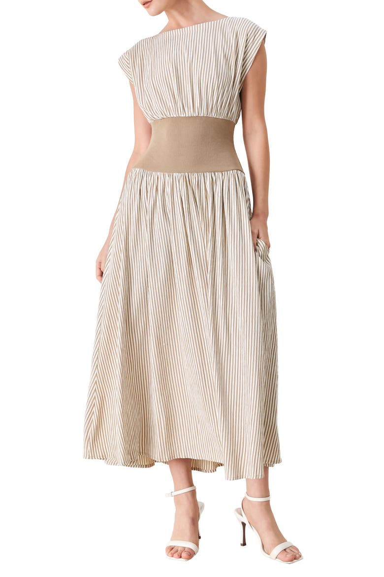Smocked Bodice Midi Dress, Main, color, MOCHA/CREAM