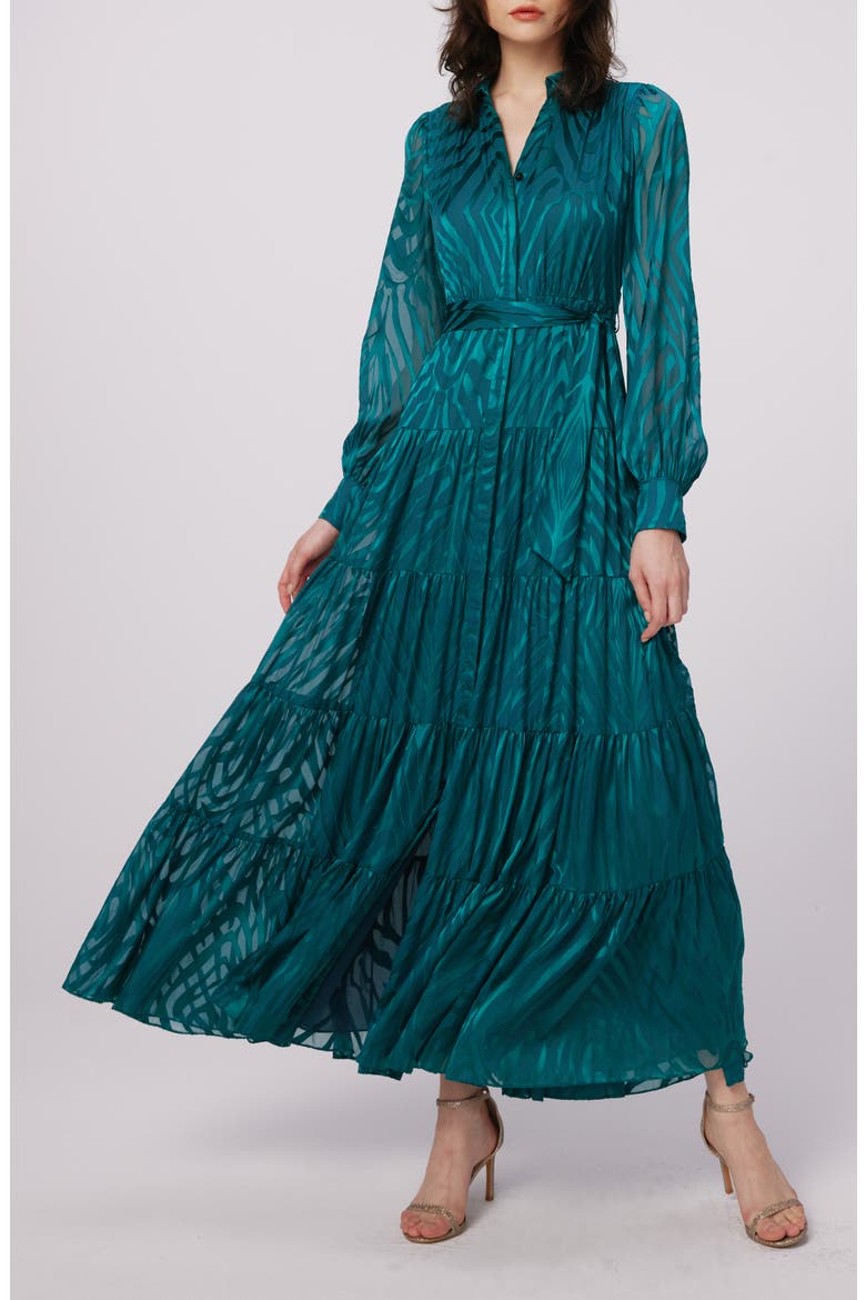 Downing Zebra Stripe Jacquard Long Sleeve Chiffon Maxi Dress, Main, color, ZEBRA INDIAN GREEN LG