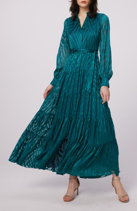 Downing Zebra Stripe Jacquard Long Sleeve Chiffon Maxi Dress