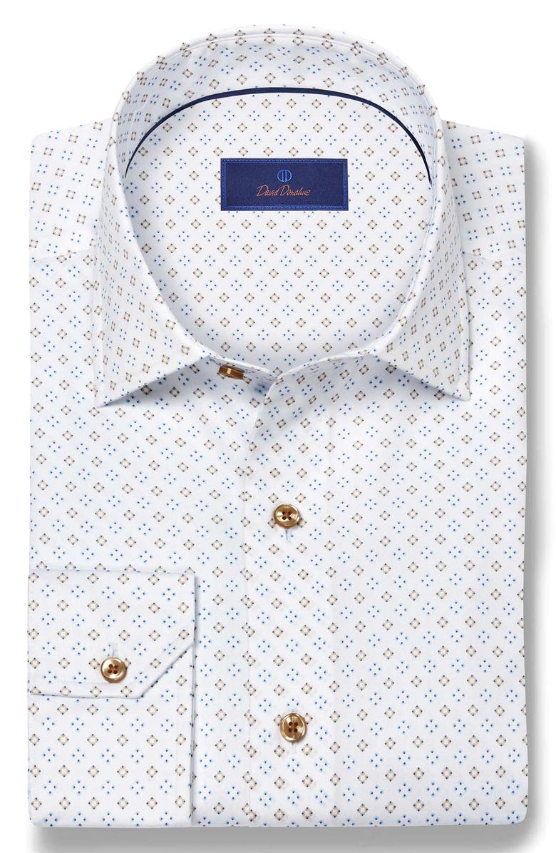 David Donahue Neat Geometric Print Cotton Button-Up Shirt, Alternate, color, White/ Sand