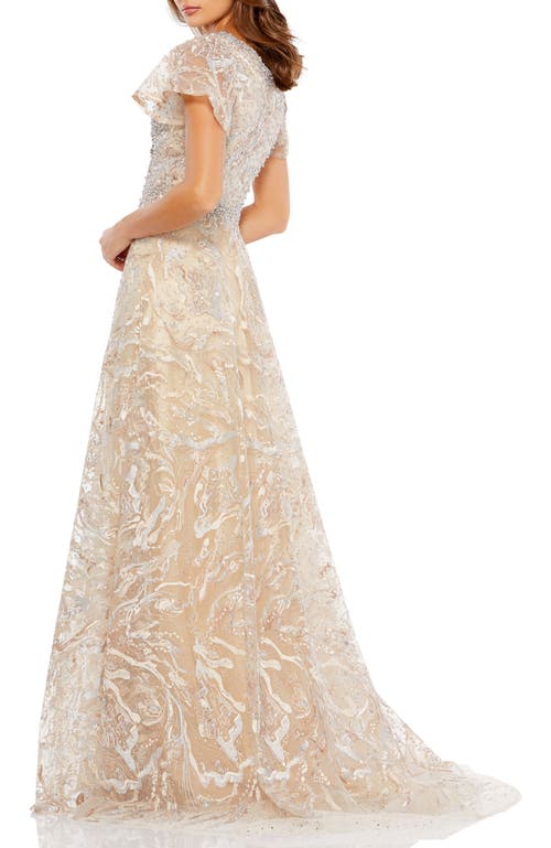 Mac Duggal Embellished Illusion Butterfly Sleeve A-line Gown In Champagne Gold