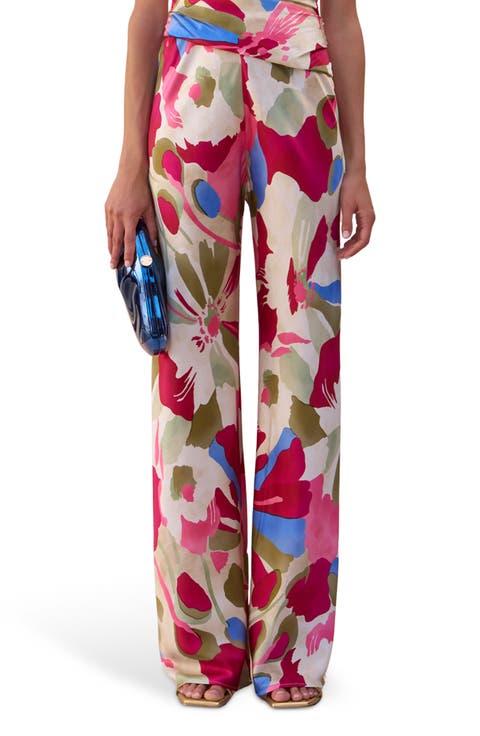 Stacie Print Stretch Silk Straight Leg Pants
