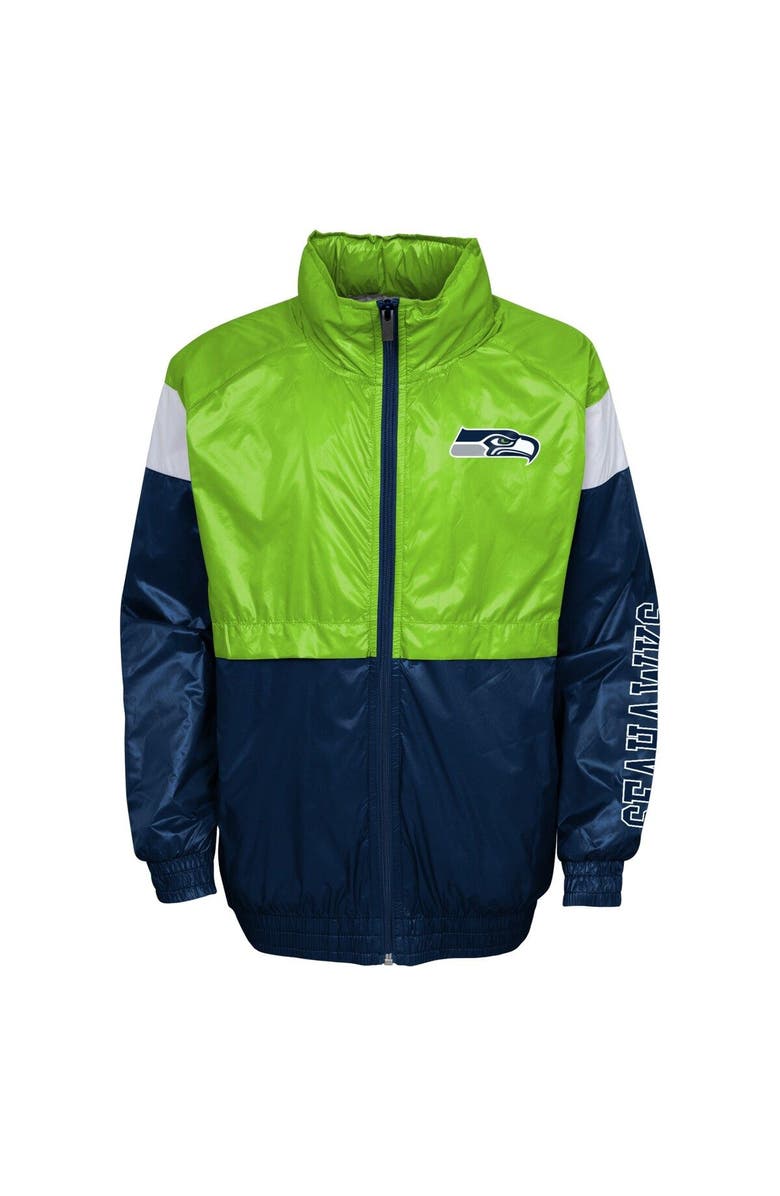 Outerstuff Youth Neon Green/College Navy Seattle Seahawks Goal Line Stance Full-Zip Hoodie Windbreaker, Alternate, color, Neon Green