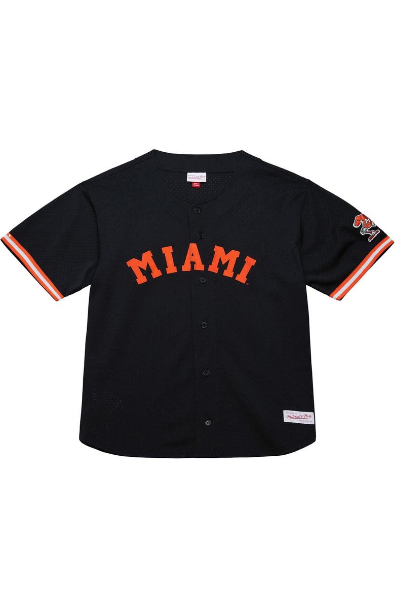 Mitchell & Ness Men's Mitchell & Ness Black Miami Hurricanes On The Clock Full-Button Fashion Jersey, Alternate, color, 