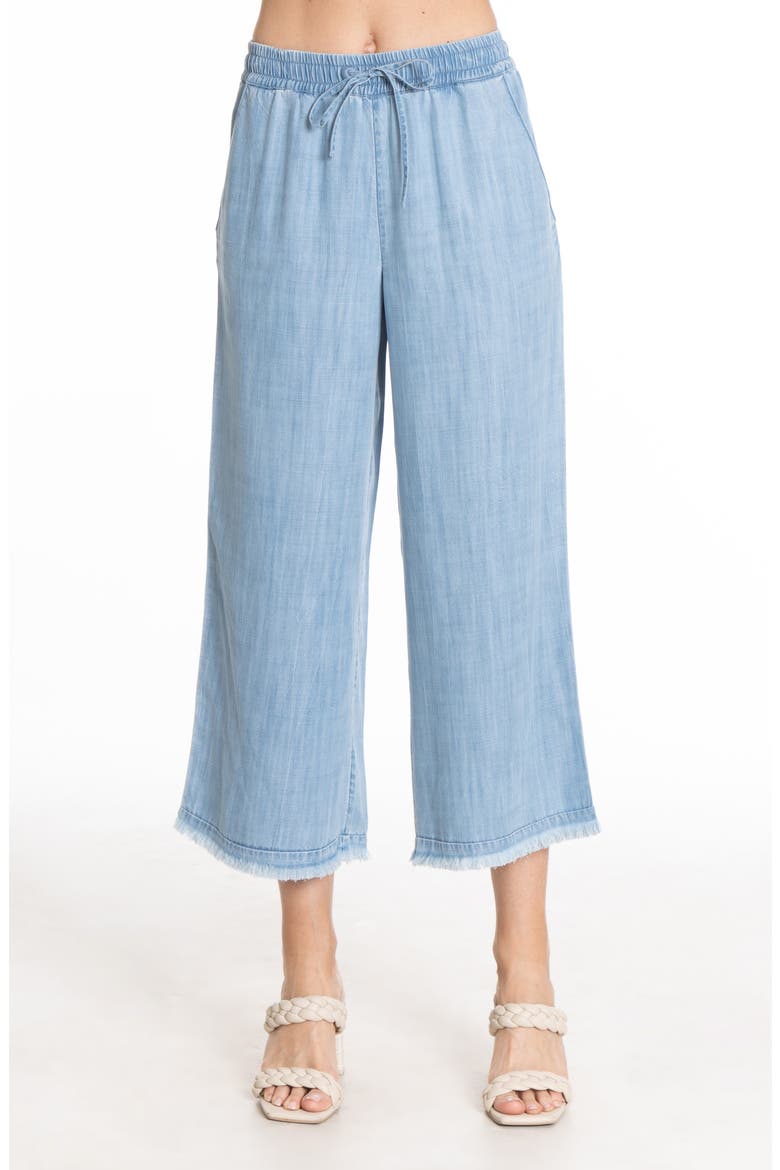 Frayed Pull-On Crop Wide Leg Chambray Pants, Main, color, LIGHT INDIGO