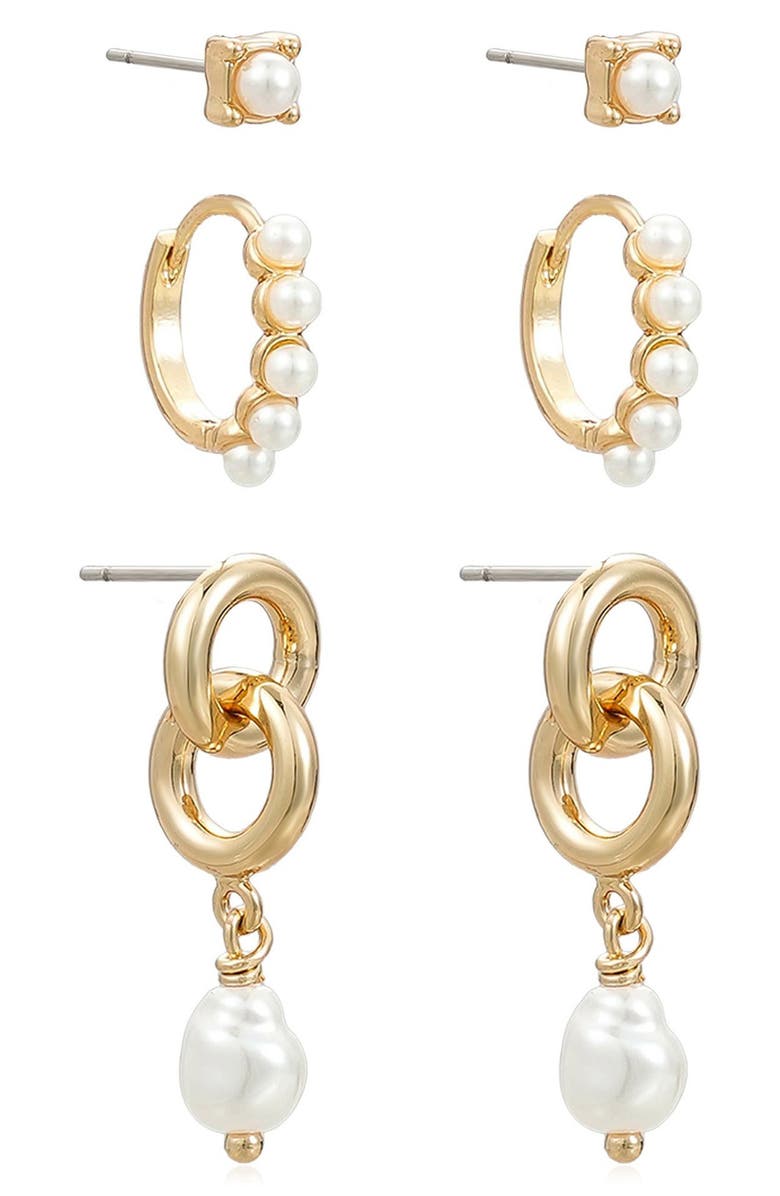 Ettika Baby Faux Pearl Earrings Set, Alternate, color, Gold