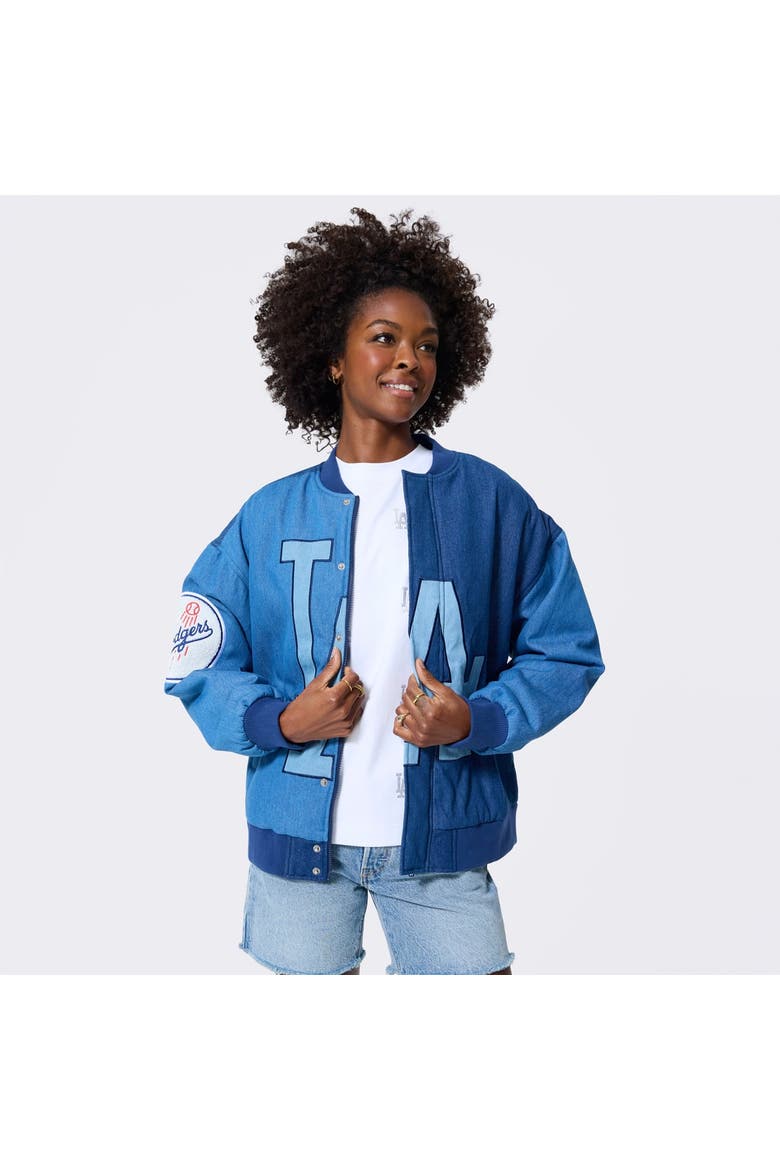 Women's Terez Blue Los Angeles Dodgers Denim Blocked Bomber Jacket, Main, color, Blue