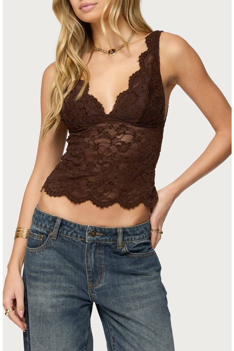 Araura Open Back Velvet Lace Crop Top, Main, color, DARK-BROWN