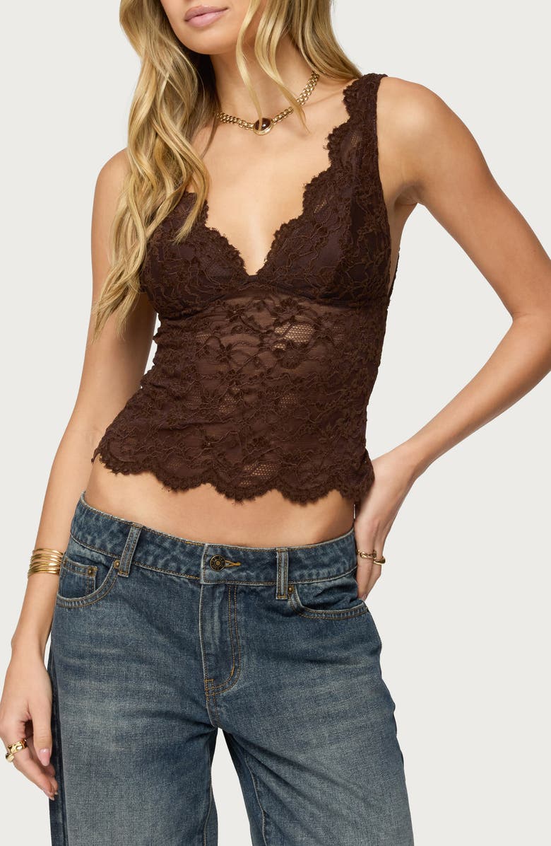 EDIKTED Araura Open Back Velvet Lace Crop Top, Main, color, 