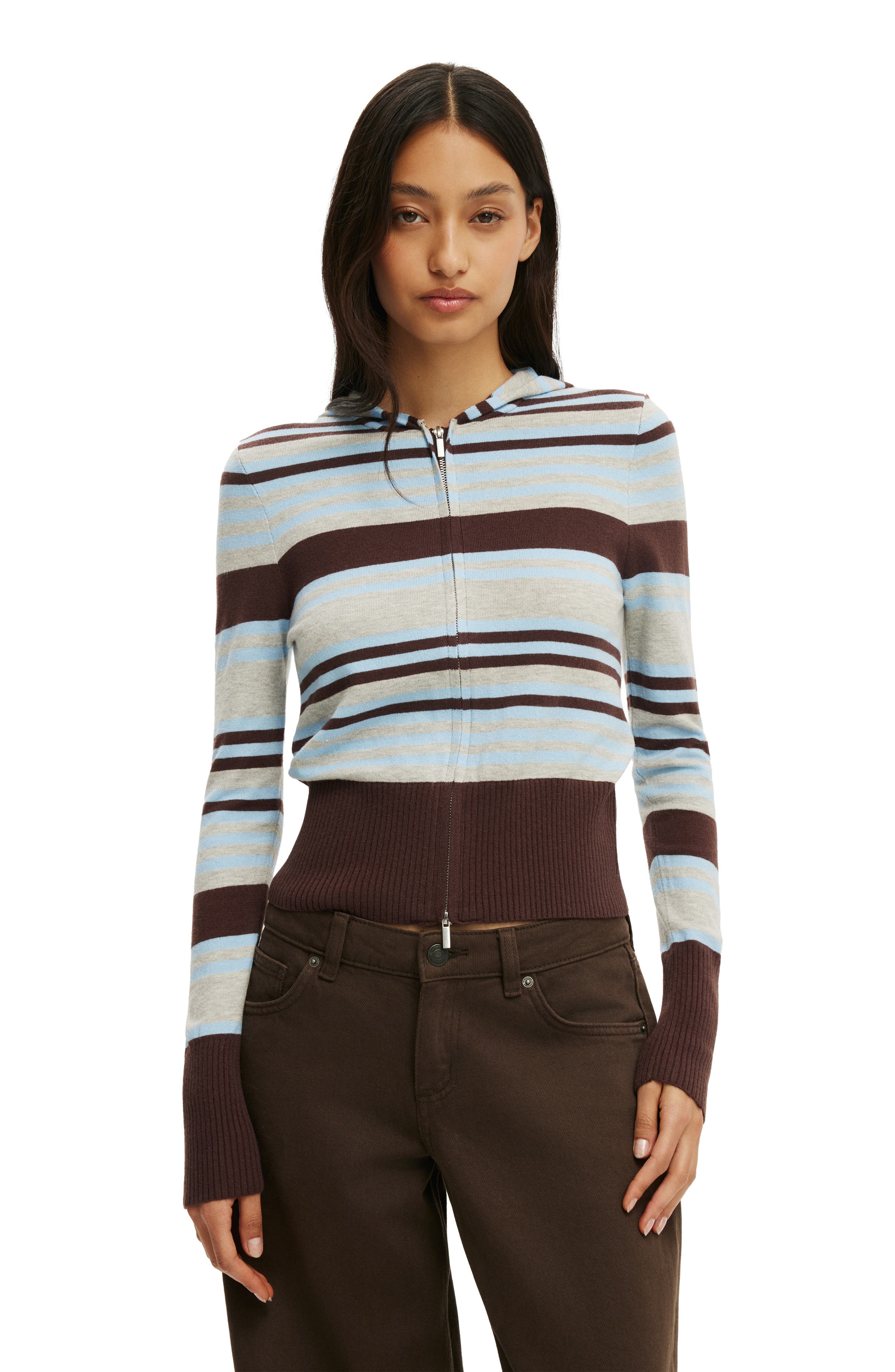 Cotton On Everfine Hooded Knit In Dark Oak Blue Stripe