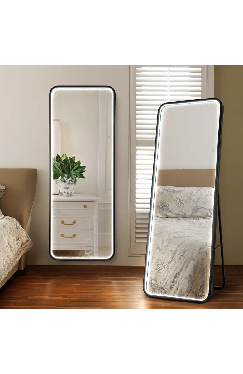 JONATHAN Y Tatum Crystal Lining Rectangle Metal Framed Antifog Front-Lit Tri-Color Wall Or Floor Full-Length Mirror with Smart Touch, Black, Alternate, color, 