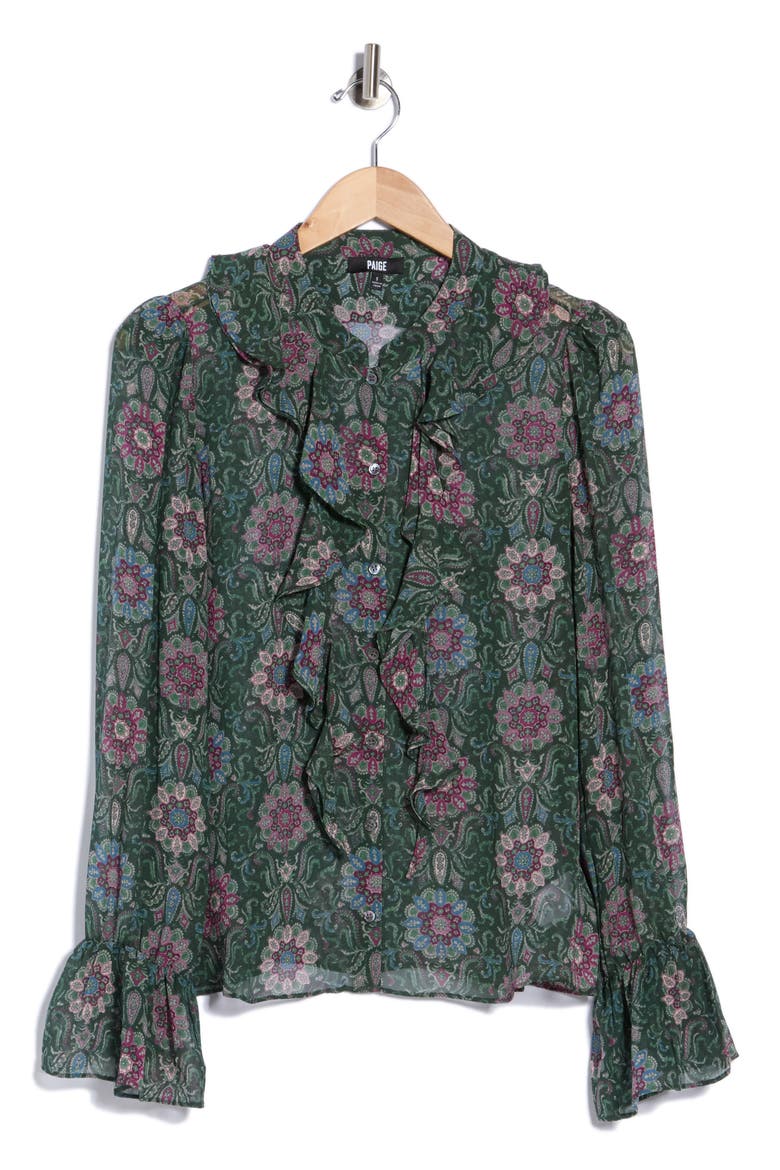 Claude Ruffle Silk Top, Main, color, DEEP EMERALD MULTI