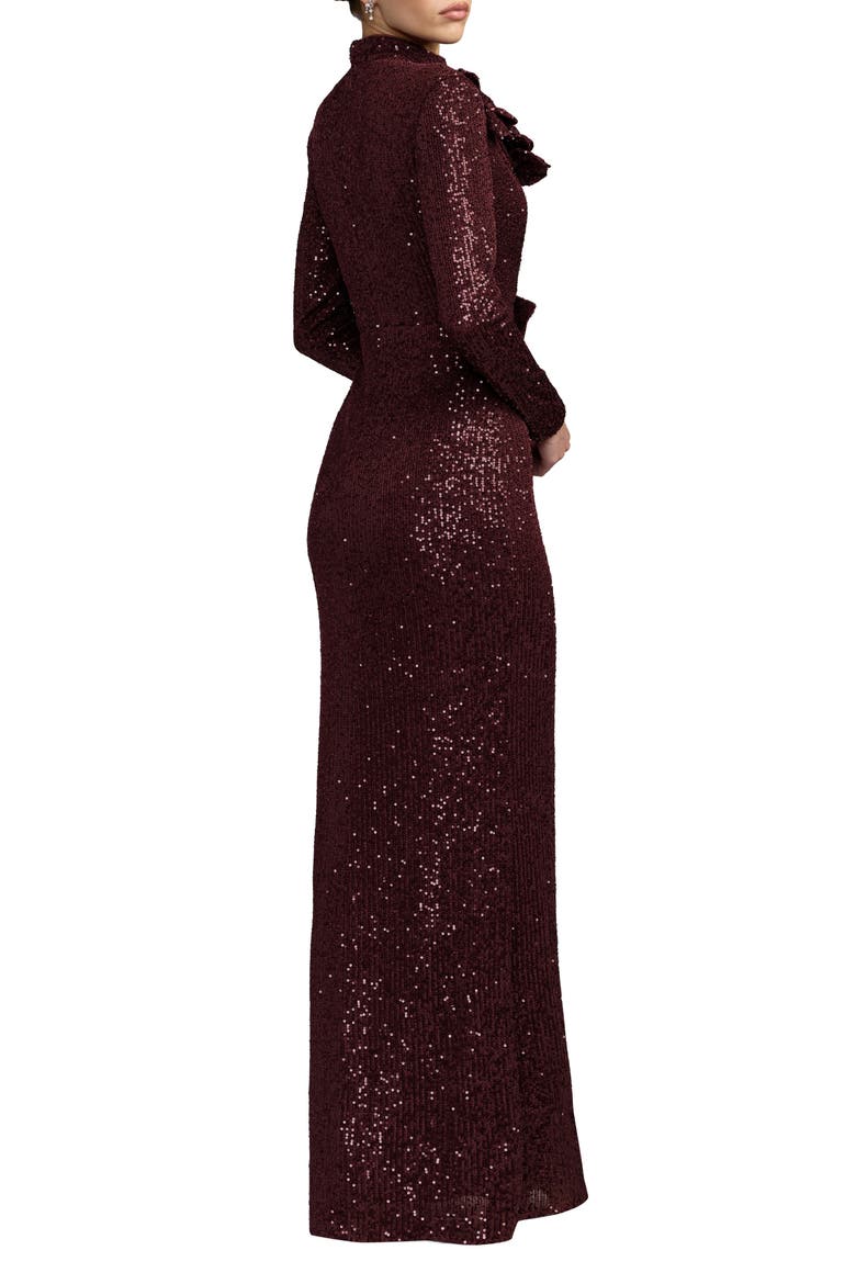 Long Sleeve Sequin Gown With Flowers, Alternate, color, Mahogany