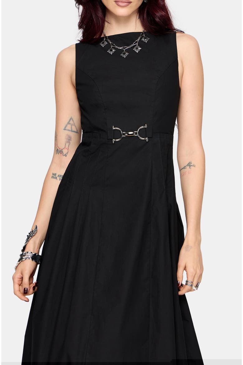 Cissa Buckle Front Pleated Midi Dress, Alternate, color, Black