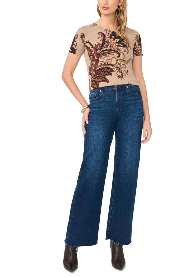 Floral Short Sleeve Sweater, Alternate, color, WOODEN