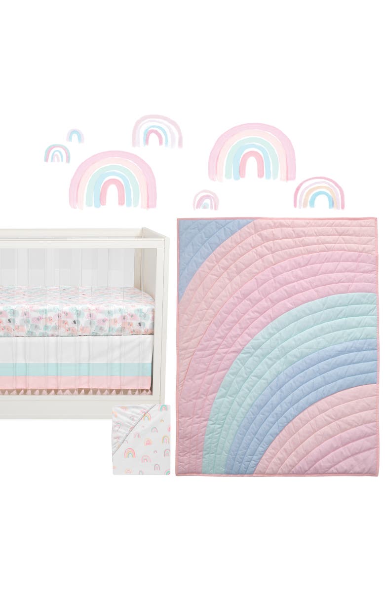 Lambs & Ivy Watercolor Pastel Rainbow 5-Piece Baby Crib Bedding Set, Main, color, Multicolor