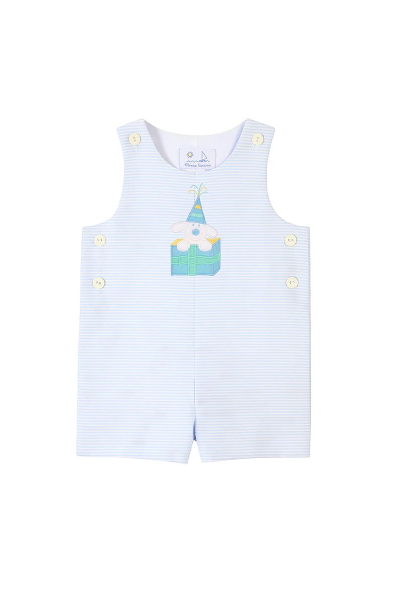 Seersucker Shortall With Present Puppy, Main, color, Lt Blue/White