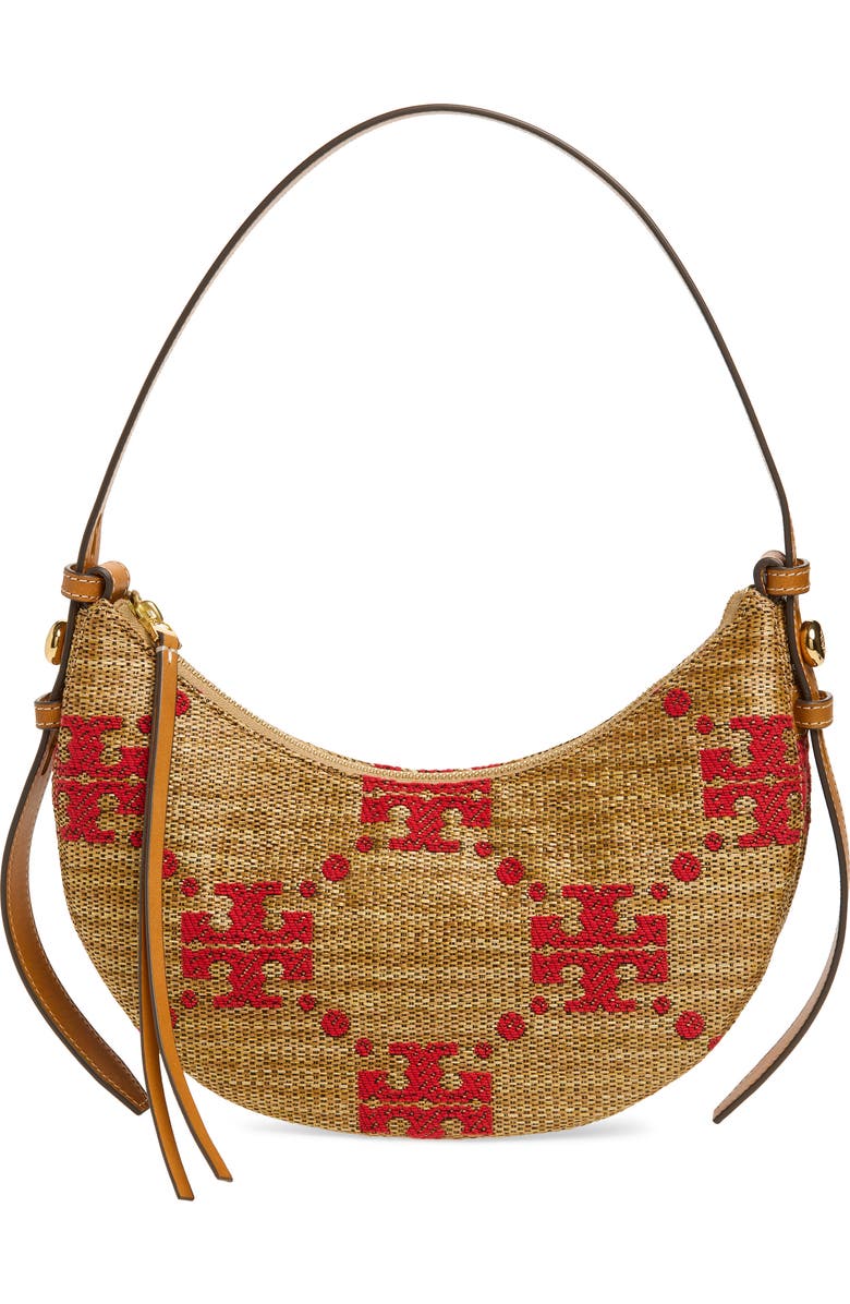 Tory Burch Romy T Monogram Straw Half Moon Shoulder Bag, Main, color, Natural