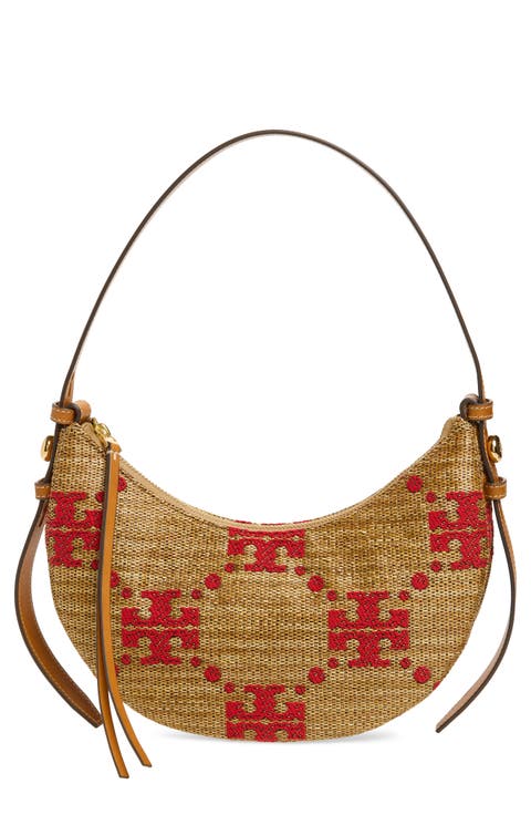 Romy T Monogram Straw Half Moon Shoulder Bag