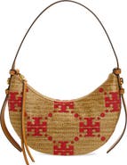 Tory Burch Romy T Monogram Straw Half Moon Shoulder Bag