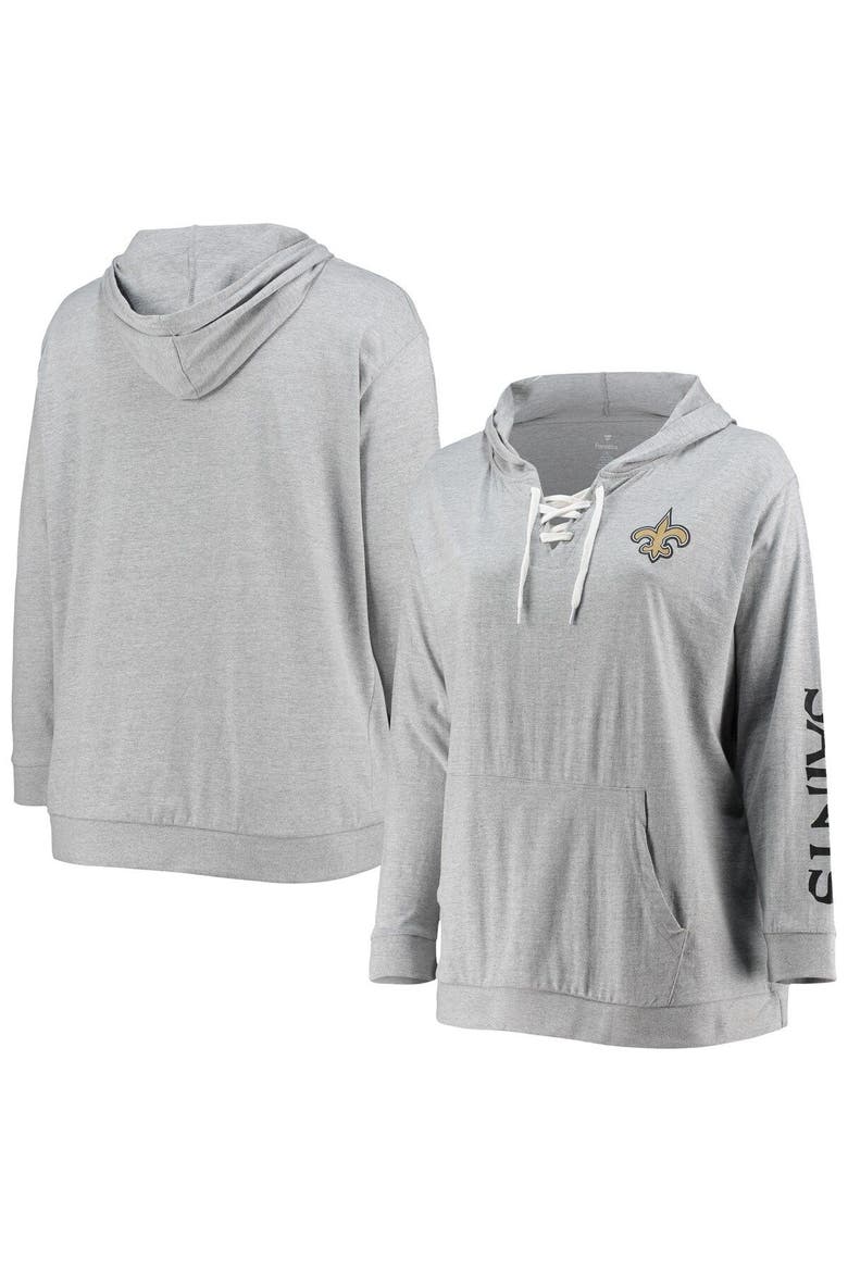Women's Fanatics Branded Heathered Gray New Orleans Saints Plus Size Lace-Up Pullover Hoodie, Main, color, Heather Gray