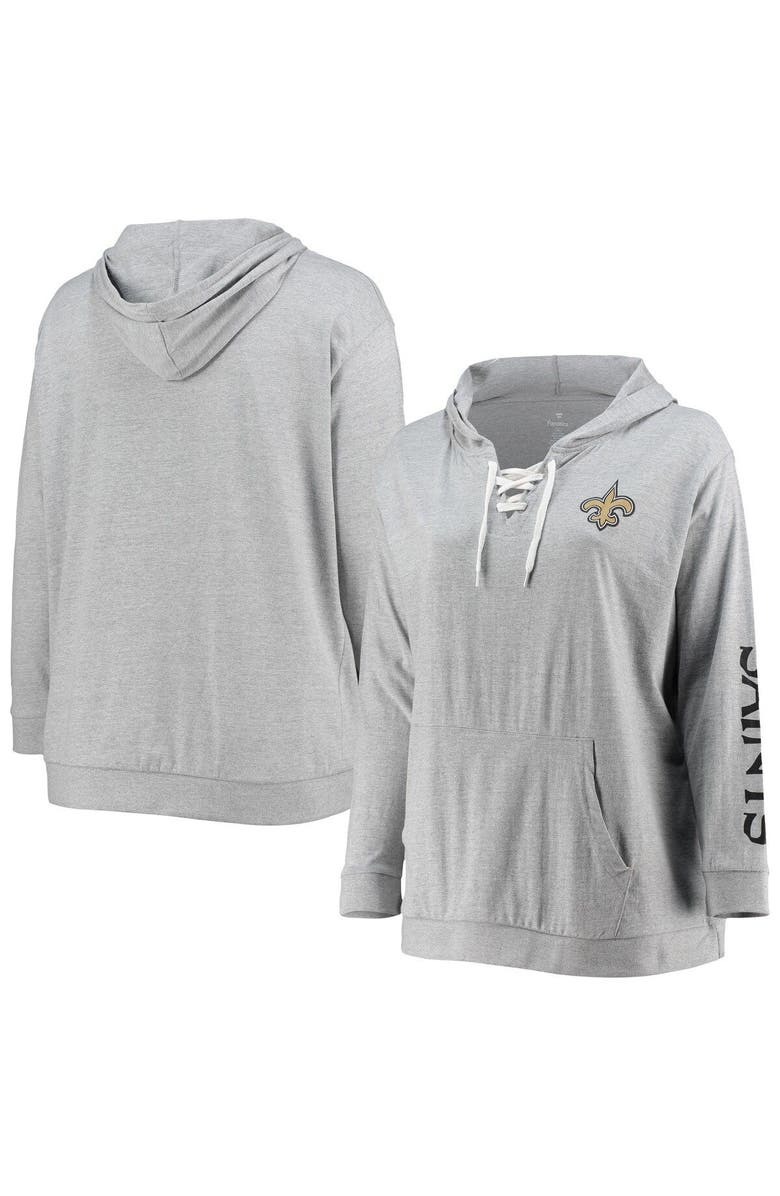 FANATICS Women's Fanatics Branded Heathered Gray New Orleans Saints Plus Size Lace-Up Pullover Hoodie, Main, color, 