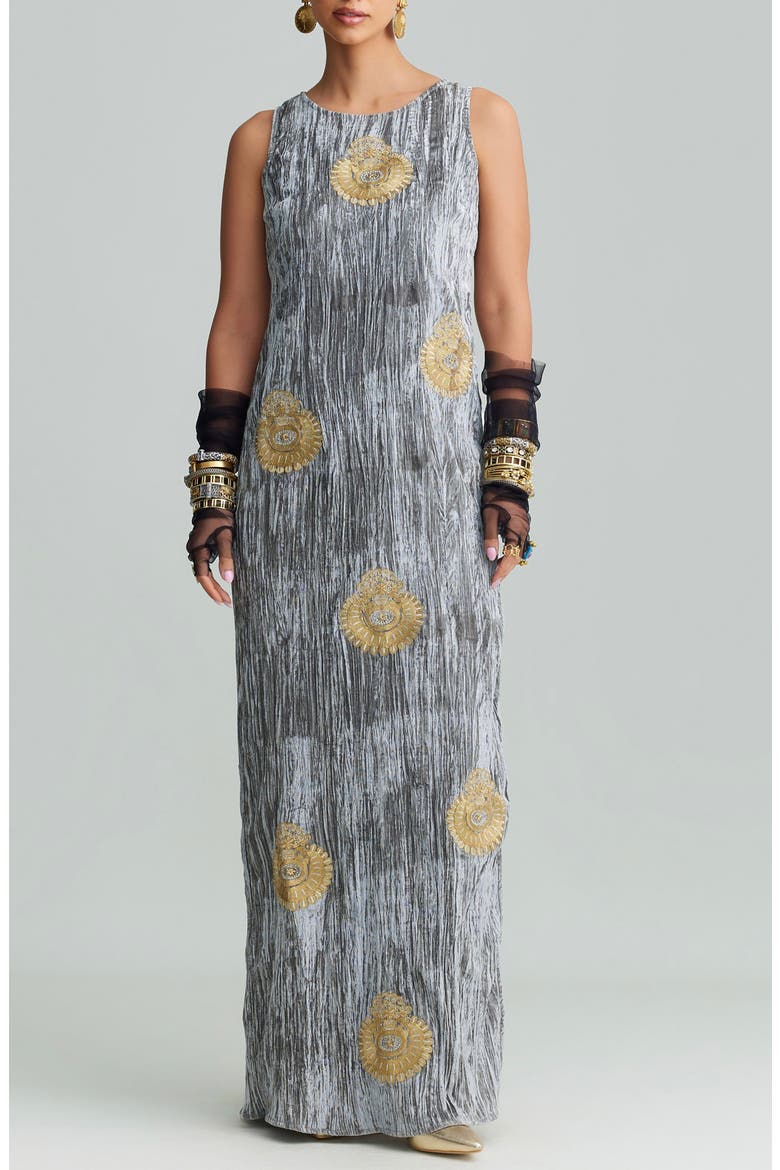 Syra Metallic Embroidery Crushed Velvet Maxi Dress, Main, color, GRAY