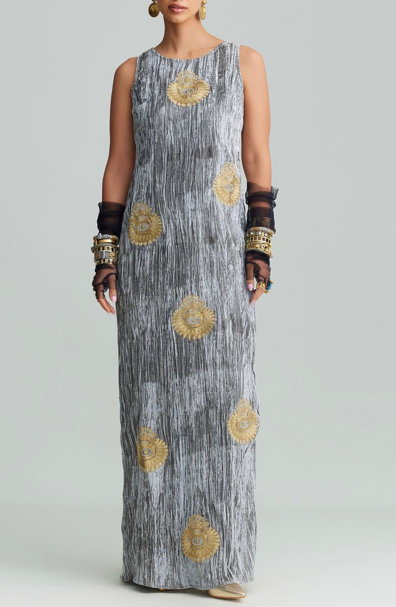 holiCHIC Syra Metallic Embroidery Crushed Velvet Maxi Dress, Main, color, Gray