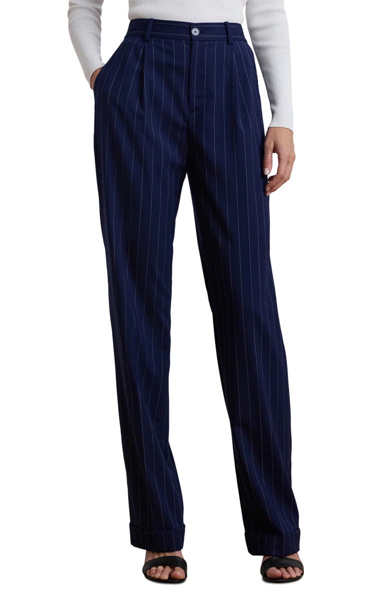 Lauren Ralph Lauren Pinstripe Wool Blend Straight Leg Pants, Main, color, Navy/ White