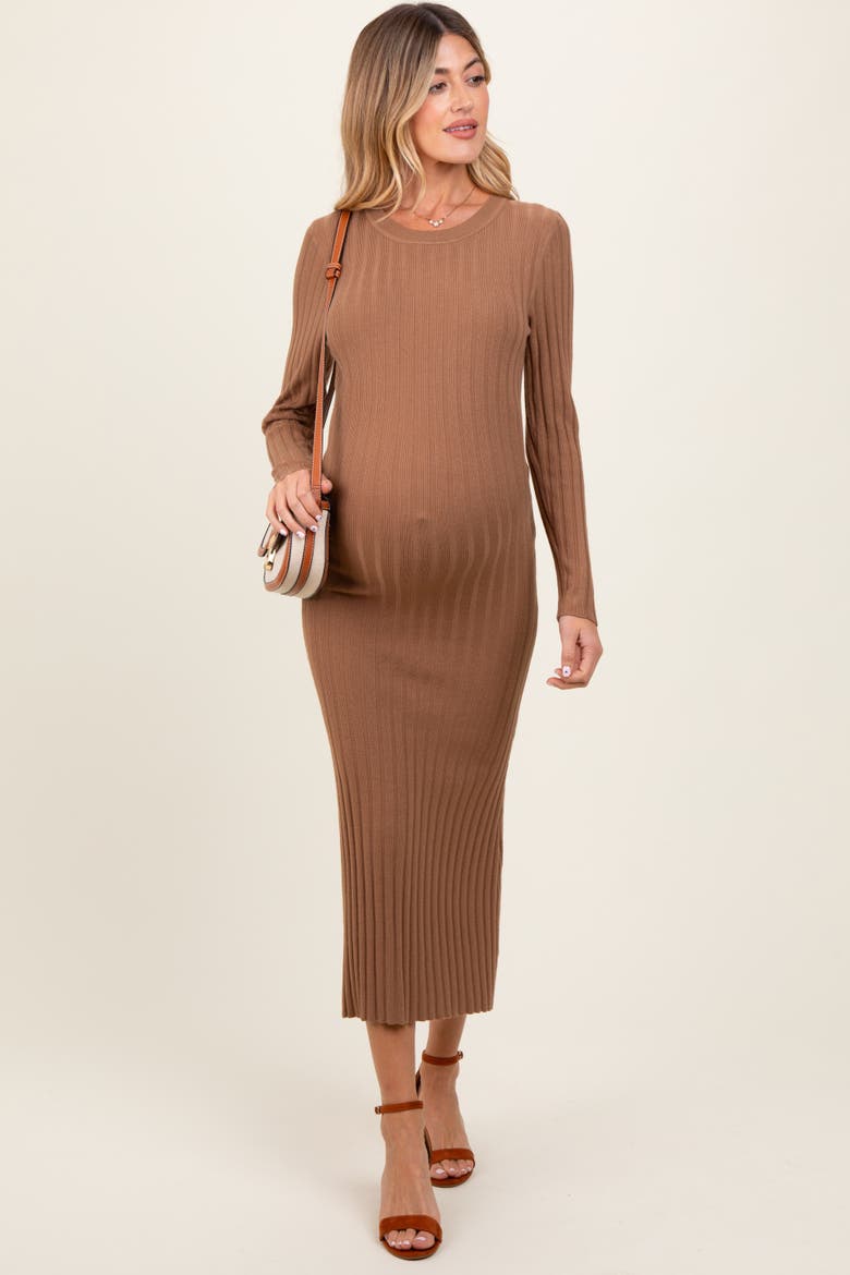 Ribbed Knit Fitted Midi Sweater Dress, Alternate, color, Mocha