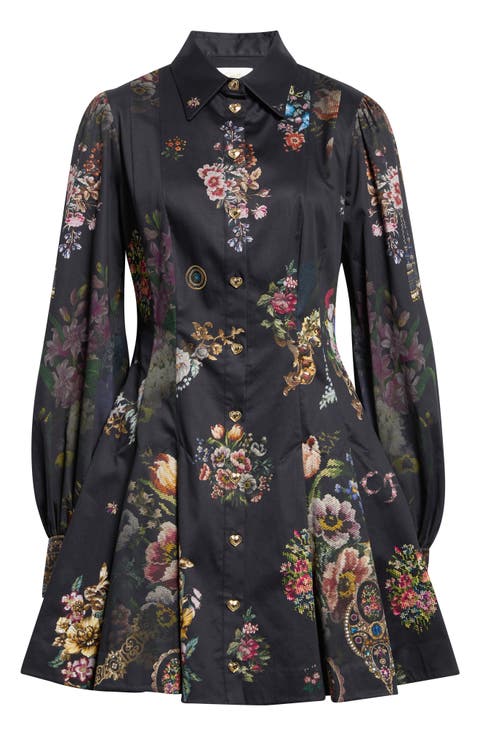Floral Long Sleeve Stretch Cotton Shirtdress