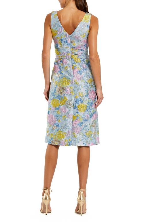 Mac Duggal Floral Brocade Sleeveless Midi Dress With Bow In Blue Multi