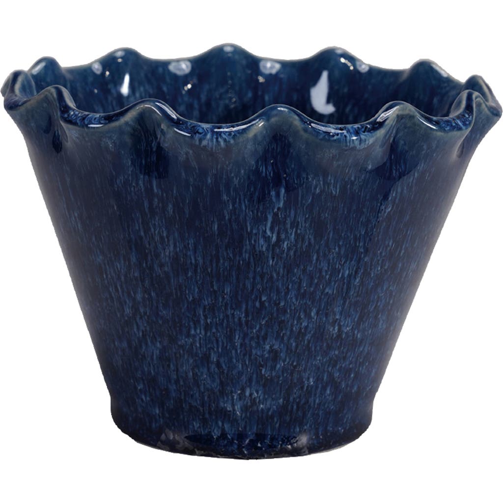Storied Home Stoneware Planter With Ruffled Edge And Drainage Hole With Reactive Glaze, Blue