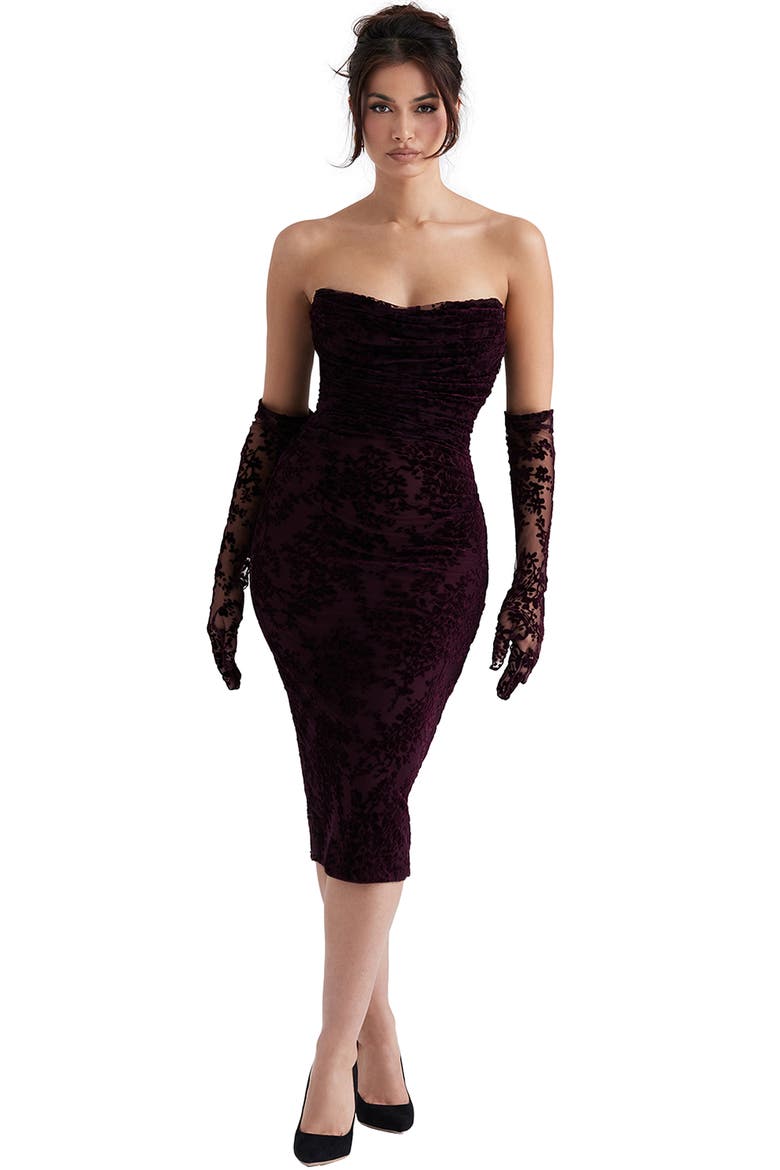Isadora Strapless Corset Cocktail Dress & Gloves, Alternate, color, BROWN CHERRY